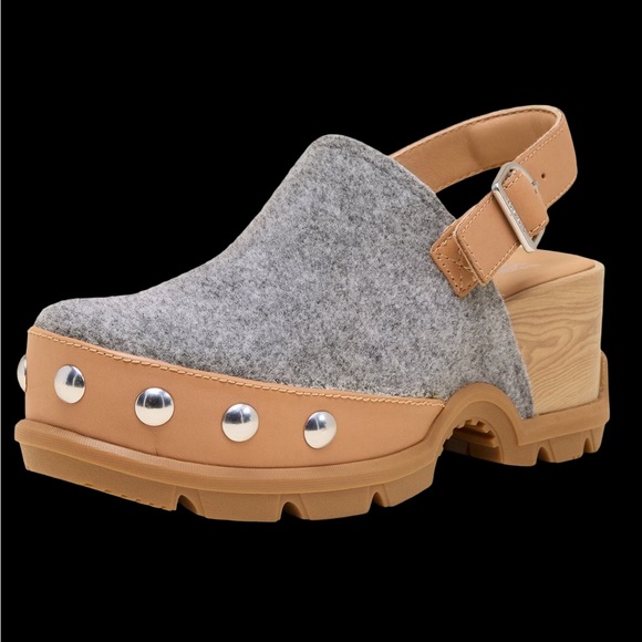 Sorel Grey Felt & Tan Leather Clog Sandals - Picture 7 of 9